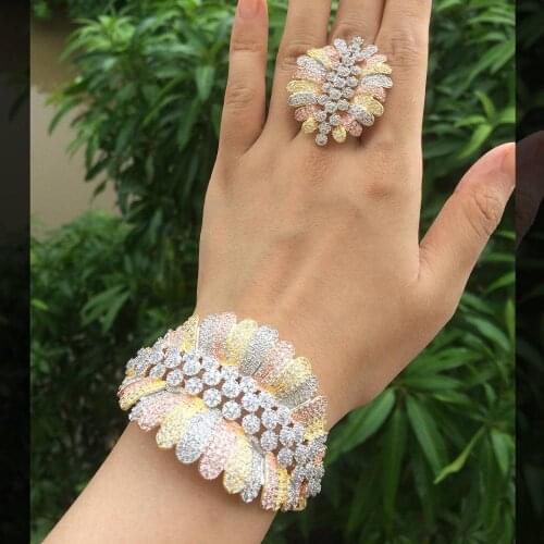 ModemAngel Fashion Luxury Super 3 Tone Boom Flowers AAA Cubic Zirconia Women Party Engagement Width Bracelet Bangle And Ring Set