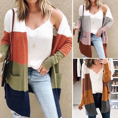 Women Rainbow Knitted Cardigan Long Sleeve Striped Patchwork Open Front Sweater Cardigans with Pockets