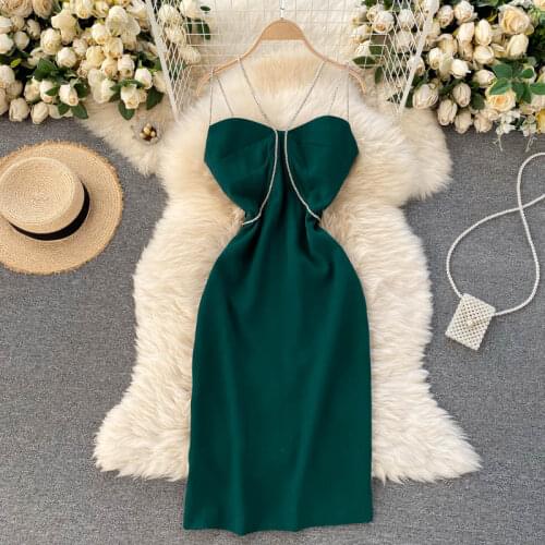 2021 Summer New Temperament Sexy Vestidos Female V-neck Halter Waist Waist Was Thin Bag Hip Chain Sling Midi Dress C815