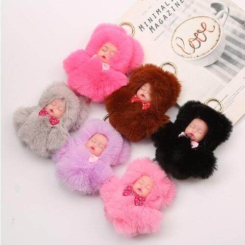 1 Pcs 13 cm Cute Sleeping Baby Bowtie Fluffy Pompom Fur Plush Doll Keychain Keyring Key Ring Women Girls Bag Pendant Jewelry
