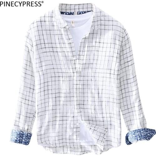 100% Linen Cool Breathable Anti-static Anti-radiation Fashion Man Shirt Plaid White Blue Male Casual Long Sleeve Men Shirts