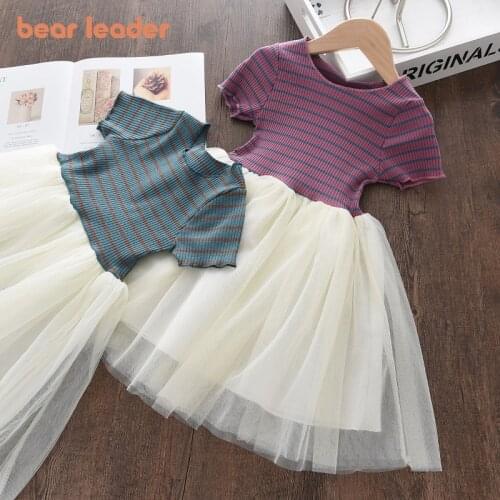 Bear Leader Baby Girls Striped Patchwork Dresses 2021 New Summer Baby Fashion Mesh Party Dress Kids Casual Sweet Vestidos 2-7Y