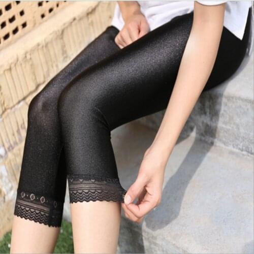Women Calf-Length Pants Lace Leggings Slim Solid Female Shiny Pants Mujer Simple Casual Elasticity Trousers Large Size S-5XL