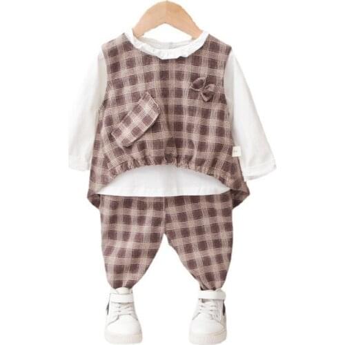 New Autumn Baby Girl Clothes Suit Children Fashion Plaid Vest T-Shirt Pants 3Pcs/Set Toddler Casual Cotton Costume Kids Clothing