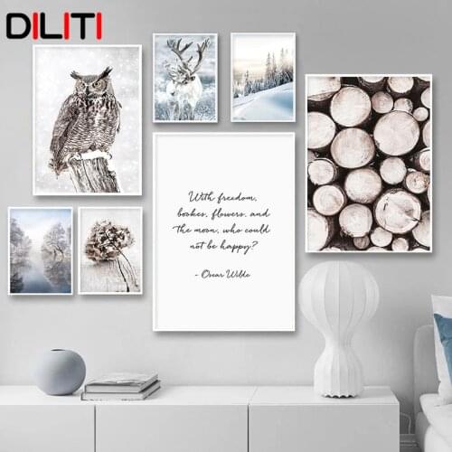 Winter Forest Landscape Canvas Painting Nordic Deer Owl Prints and Posters Art Snow Mountain Lake Wall Pictures Home Decor