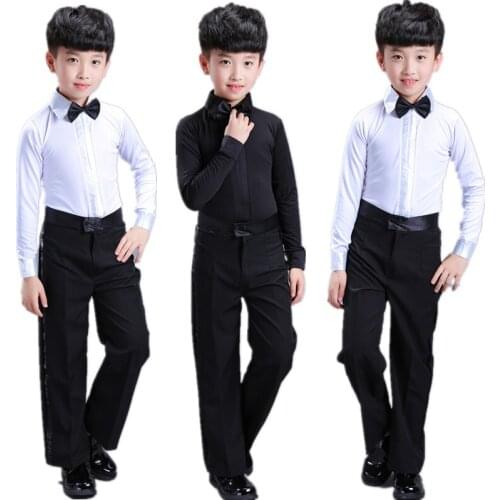 Boys Latin Dance Costume Ballroom Cha Cha Rumba Salsa Tango Stage Performance Clothing Set Children Black White Bow Dancewear