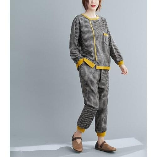 Stitching Cotton Linen Striped Two-piece Suit Single Pocket Long Sleeve O Neck T-shirt Casual Pants Loose Fashion Suit