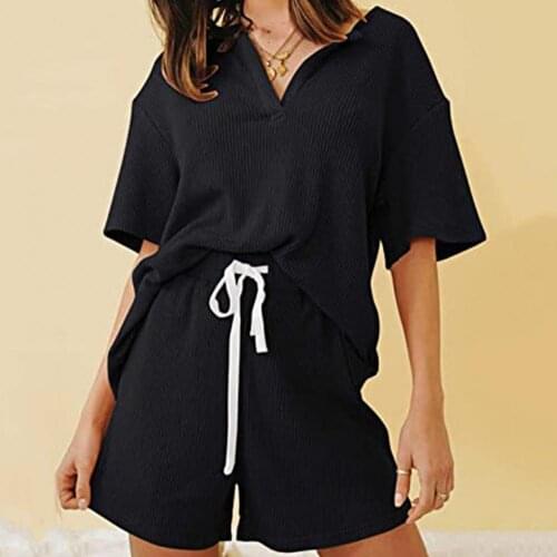 Summer new style womens half-sleeved solid color two-piece V-neck drawstring suit T-shirt shorts suit suitable for leisure