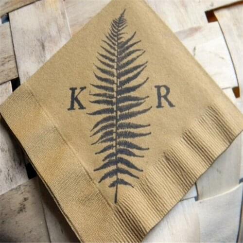Personalized Wedding Cocktail Napkins Golden Brown Fern Frond with Large Couples Initials Woodsy Wedding Paper Beverage Napkins