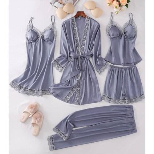 New 5PCS Pajamas Set Spring Summer Women Sleepwear Pijamas Sexy Patchwork Lace Trim Kimono Bathrobe Gown Loose Trouser Home Suit