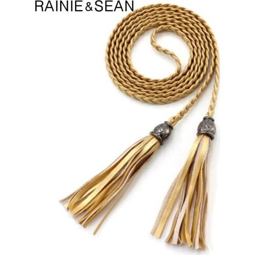 RAINIE SEAN Braided Leather Belts For Women Gold Tassel Waist Belt Ladies Thin Self Tie Bow Female Rope Thin Dress Belt 130cm