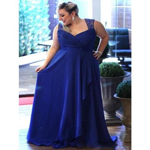 Simple Royal Blue Plus size Cheap Prom bridesmaid Dresses Long Empire Beach Style Lace Straps Pleated Evening Formal Dress New