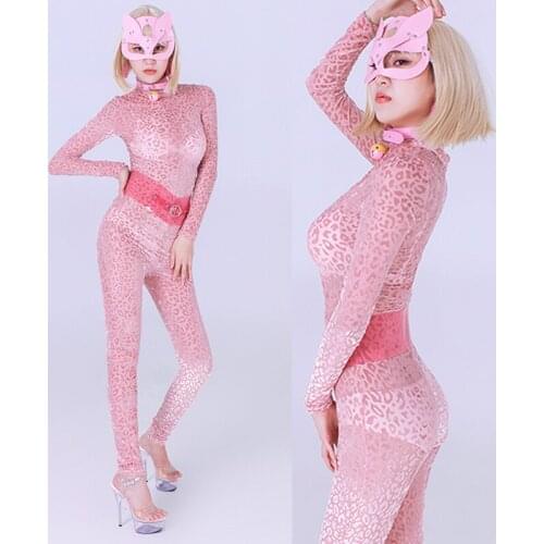 Pink Sexy Leopard Bodysuit Nightclub Gogo Jazz Dancing Performance Stage Costume Pole Dance Wear Festival Rave Outfit VDB3989