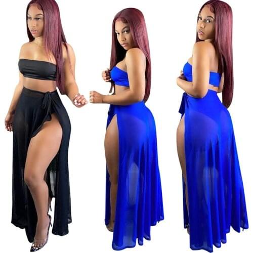 ZKYZWX Sexy 3 Piece Set Summer Outfits for Women Strapless Crop Top Mesh Sheer Boho Dresses Swimsuit Bachwear Club Matching Sets
