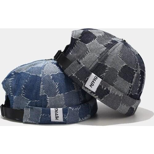 2020 Vintage Hip Hop Men Hat Plaid Denim Retro Skull Cap Adjustable Brimless Hat Landlord Breathable Beanie Hat Sailor Gorras