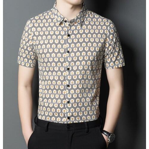 High quality summer mens short-sleeved shirt bottoming shirt Slim trend half-sleeved lapel printed shirt tops for men