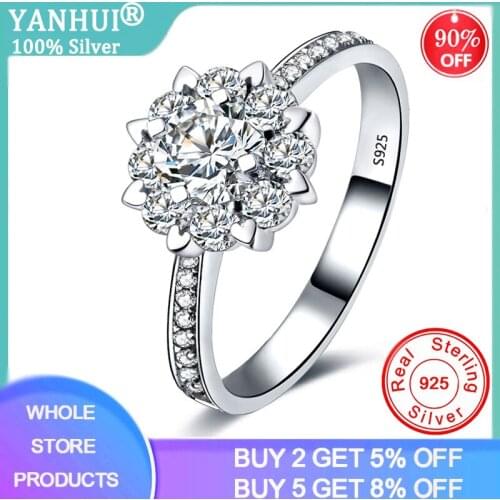 YANHUI Women Flower Ring Silver 925 Jewelry 0.5 Carat Zirconia Diamond Wedding Rings Rings size 4-10 JZ020