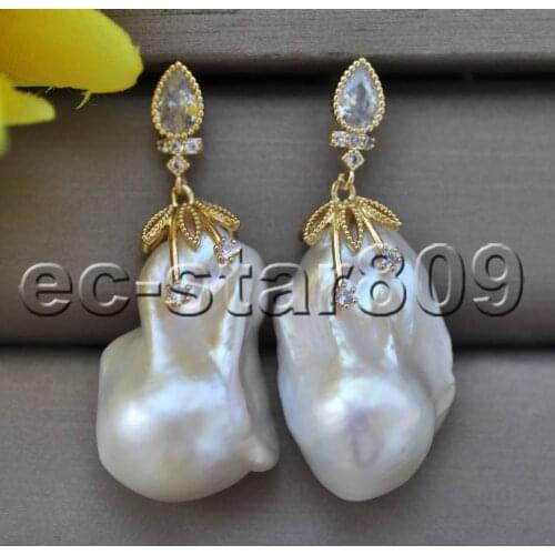 Z11137 A+ 28mm White Baroque Reborn Keshi Pearl Dangle Earring CZ