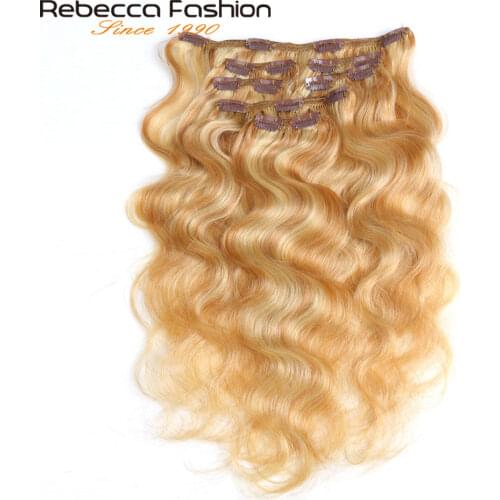 Rebecca Hair Clip 7Pcs In Human Hair Extensions Peruvian 100% Human Hair Body Wave Blonde #P27/613 Full Head 7Pcs/Set Remy Hair