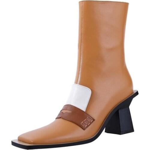 Dipsloot Woman Brown Black Retro Square Heels Short Boots Top Full Leather Square Toe 6 cm Heels Patchwork Mid-calf Boots