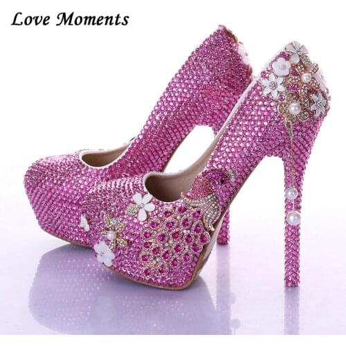 Women Wedding shoes Bride crystal peacock tassel high heels platform shoes woman Fucshia comfortable formal dress wedding shoes