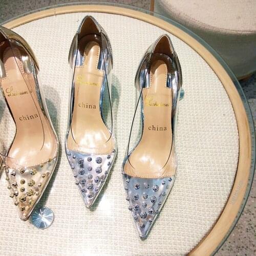 New style sexy lady women shoes pvc clear Transparent studded spikes pointy toe stiletto high heels shoes pumps 12cm 10cm 8cm
