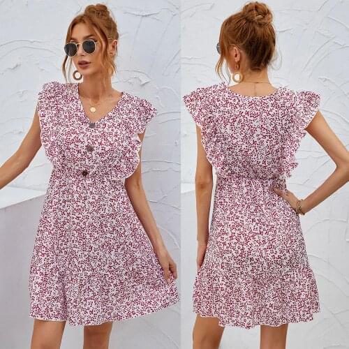 2021 Sweet Women Summer Print Dress Button Ruffles Decor Sleeveless A-line Dresses for Streetwear