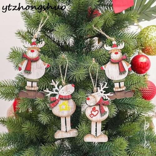 1PC Christmas Ornament Wooden Hanging Pendants Color Painting Retro Scarf Elk Christmas Decorations For Home Party New Year