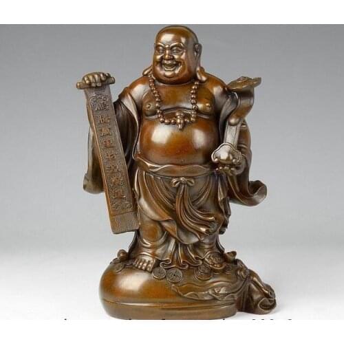 10" Chinese Red Copper Wealth Money Yuanbao Bag Ruyi Happy Maitreya Buddha Statue