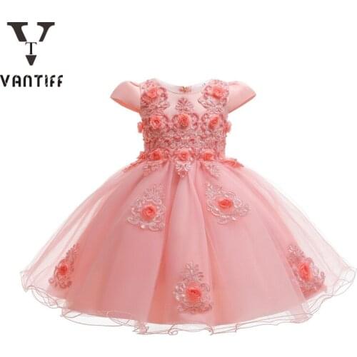 2021 Summer Pink Lace Bow Princess Dress For Girls Birthday Party Dress Wedding Mesh Christening Dresses Fancy Ball Gown