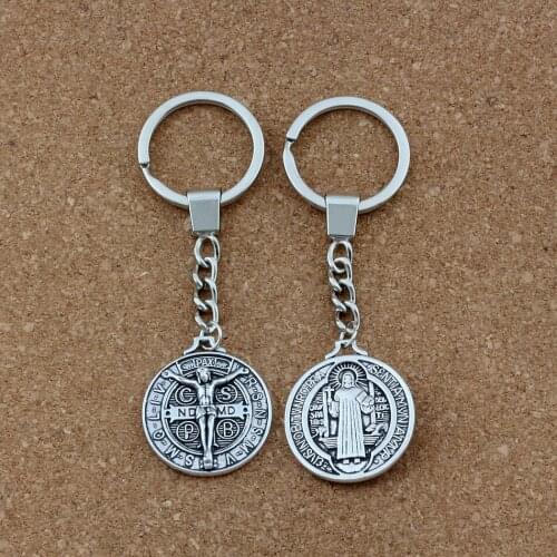 30mm Keychain Saint Jesu Benedict Nursia Patron Medal Crucifix Cross Religious Key Ring Travel Protection 29mm Pendant 1pcs