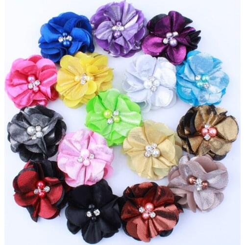 50 PCS/lot , 2.15" Fabric Flowers with pearls and rhinestones, DIY Hair Flower Embellishment garment accessories