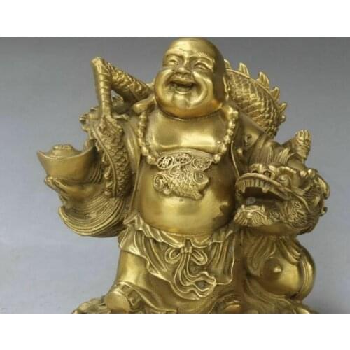 6" Old Chinese Bronze Happy Laugh Maitreya Buddha Dragon Loong Yuanbao Statue