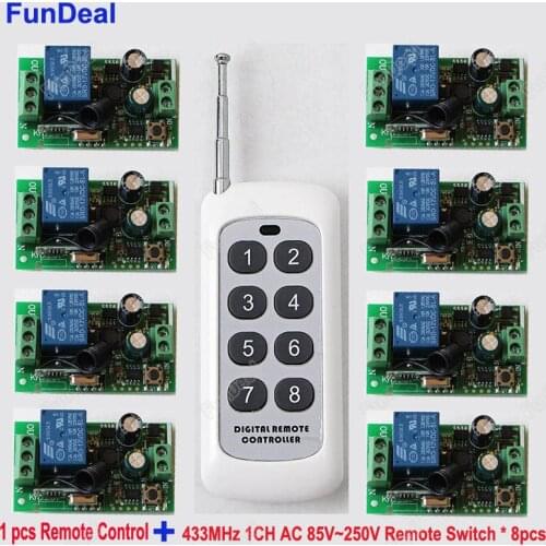 8pcs 433Mhz Universal Wireless Remote Control Switch AC 110V 220V 240V 1CH Relay Receiver Module and RF 433 Mhz Remote Controls
