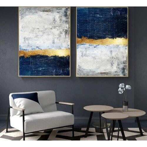 Abstract Gold Foil Block Painting Blue Poster Print Modern Golden Wall Art Picture for Living Room Navy Decor Big Size Tableaux
