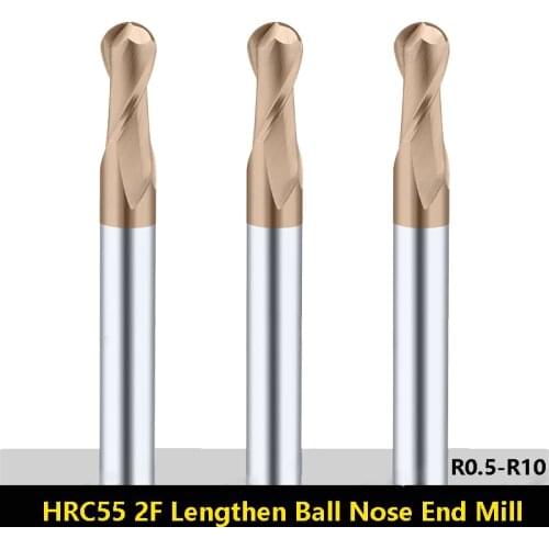 BEYOND HRC55 Lengthened Tungsten Steel Ball Nose End Mills 75/100/120/150/200 Long Alloy Coated Ball End Milling Cutter CNC R0.5