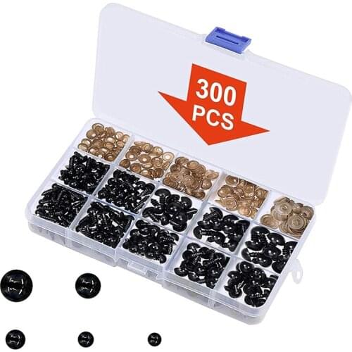Safety Eyes with Washers, 150Pcs Small Doll Eyes Craft Toy Eyes Teddy Bear Eyes 6mm/8mm/9mm/10mm/12mm, Black Plastic Eye