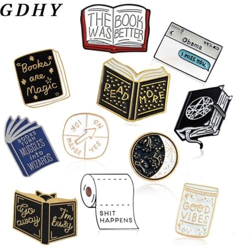 GDHY Book Enamel Pin Book Brooches Magic Book Magic ball Roll of paper Reading Badges Literary Lapel pins Jewelry Book Brosche