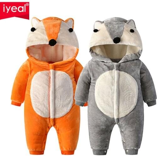 IYEAL Baby Boy Girl Clothes Kids Newborn Winter Hooded Cartoon Fox Warm Flannel Rompers Outfit Infant Jumpsuit Toddler Outerwear