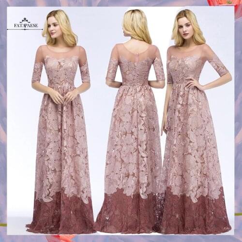Half Sleeves Dusty Rose Lace Evening Dresses 2019 Elegant O Neck Formal Evening Gowns Party Dress robe de soiree