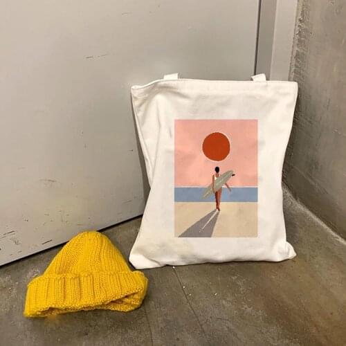 Women Canvas Shoulder Bag Sun and Moon Printing Simple Shopping Bags Students' Book Bag Cotton Cloth Handbags Tote For Girls