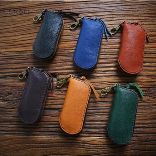 LEACOOL Genuine Leather Key Wallet Men Women Car Key Bag Multi Function Key Case Fashion Ladies Housekeeper Key Holders 6 Rings