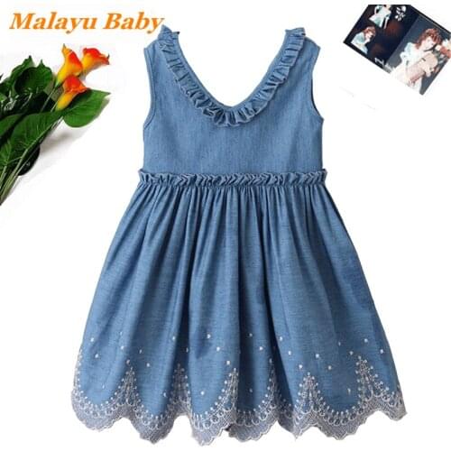 Malayu Baby Elegant Girl Dress 2021 Summer New Kids Ruffled V-Neck Sleeveless Pattern with Ruched Lace Child Costumes 2-6 Years