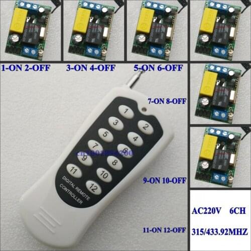 Mini Remote Control Switch AC 220V 6CH Latched A ON B OFF Input output LED Lights Wall Lamps Bulb Remote ON OFF Control 315/433
