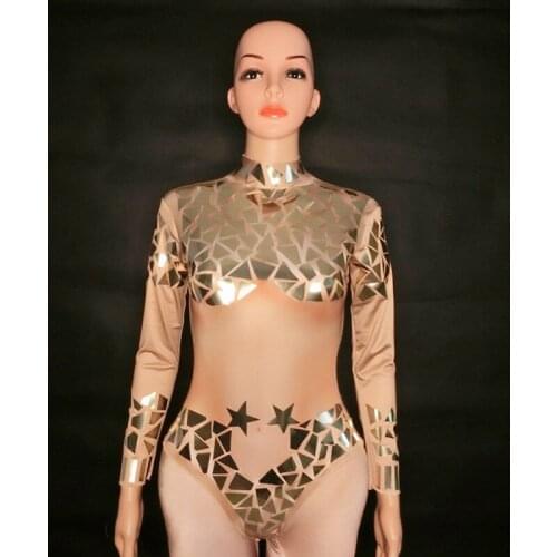 X88 Ballroom dance stage costumes sequin mirror bodysuit men jumpsuit nude outfits pole dance dress clothing disco club wears dj