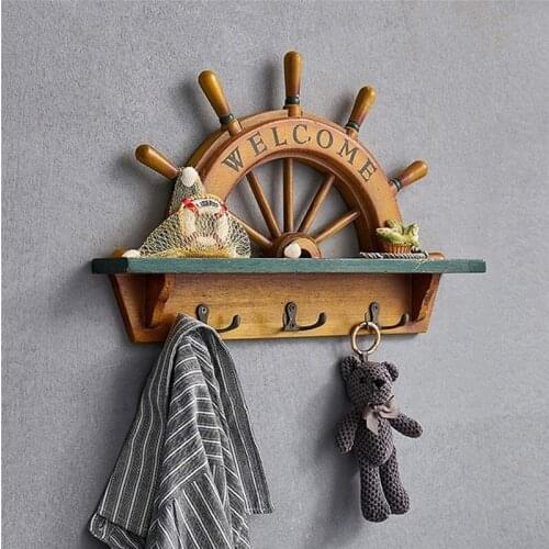 Mediterranean Style Wall Mounted Key Hooks Creative Wooden Rudder Style Entryway Key Holder for Wall Organizer