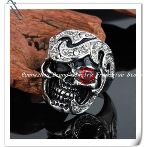 New Design Fashion Style Women&Men Jewelry 316L Silver Stainless Steel Punk Skeleton Unisex Rings,Inlaid Red And White Crystal