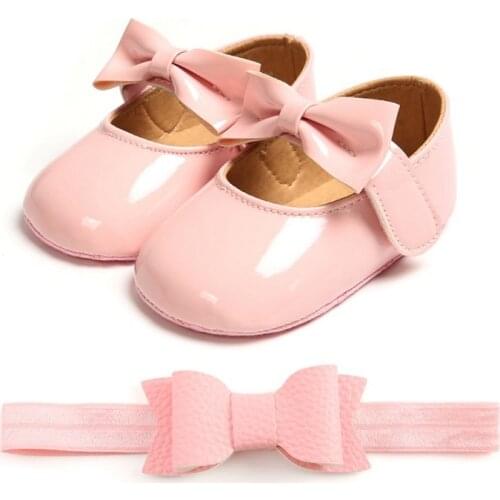 0-18M Baby Girl Shoes PU First Walkers With Bow Soft Soled Non-slip Headband Two-piece Set