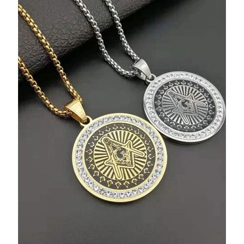 Hip Hop Rhinestones Paved Bling Iced Out Round Stainless Steel Masonic Illuminati Eye Pendants Necklaces for Men Rapper Jewelry