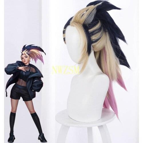 Game LOL KDA The Baddest Akali Role Play Mixed Color Ponytail Long Heat Resistant Synthetic Hair Halloween Party Cosplay Wig
